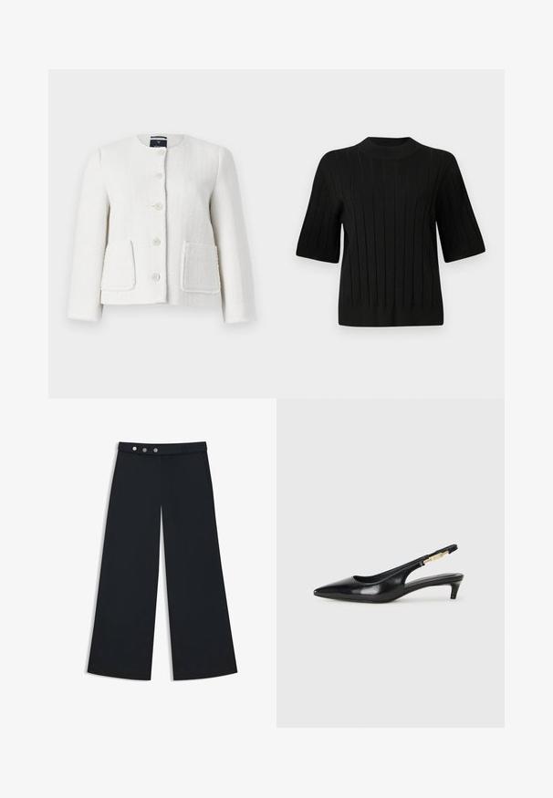 Weiß strukturierte Jacke mit rundem Halsausschnitt, fünf Knöpfen und zwei Fronttaschen. Beachten Sie die ausgefransten Kanten rund um die Taschenöffnungen und die Ärmel.; Schwarzer kurzärmeliger Pullover mit gerippter Textur und hohem Ausschnitt, der vertikale Linien und eine taillierte Silhouette aufweist.; Weite schwarze Hosen mit glatter Textur, ausgestattet mit einem flachen Bund, einem doppelten Knopfverschluss und seitlichen Taschen.; Schwarze Leder-Slingback-Pumps mit spitzem Schuhblatt, ausgestattet mit einem schlanken Absatz und einem goldfarbigen Akzent am verstellbaren Riemen. Glatte Textur.