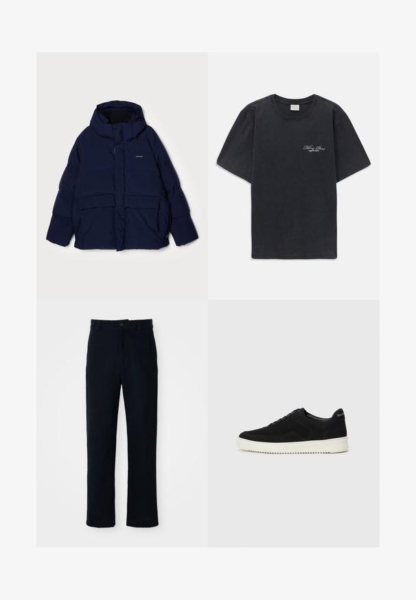 Navy puffer jacket with a hood, featuring a front zip, large patch pockets, and a smooth texture. Includes branding on the chest.; Black short-sleeve crew neck t-shirt with small white "Filling Pieces" text logo on the left chest.; Navy blue trousers made of cotton, featuring a straight-leg design, a front button closure, and classic waistband with belt loops.; Black suede sneaker with lace-up design and contrasting white rubber sole. Features textured side panels and subtle branding on the heel.