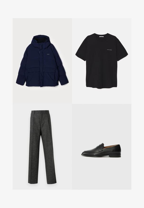 Jachetă puf cu glugă de culoare bleumarin, cu fermoar frontal, buzunare mari cu față și o textura netedă. Include logo pe piept.; Tricou din bumbac negru, cu guler rotund, mâneci scurte și un imprimeu alb cu logo pe partea stângă a pieptului. Design simplu, de culoare uniformă.; Pantaloni gri ajustați din țesătură texturată, prezentând două pliere frontale și un design drept. Fără buzunare vizibile sau ornamente.; Lofer din piele neagră, cu vârf rotund, detalii cusute subtile și toc jos, având o textură netedă și un design minimalist.