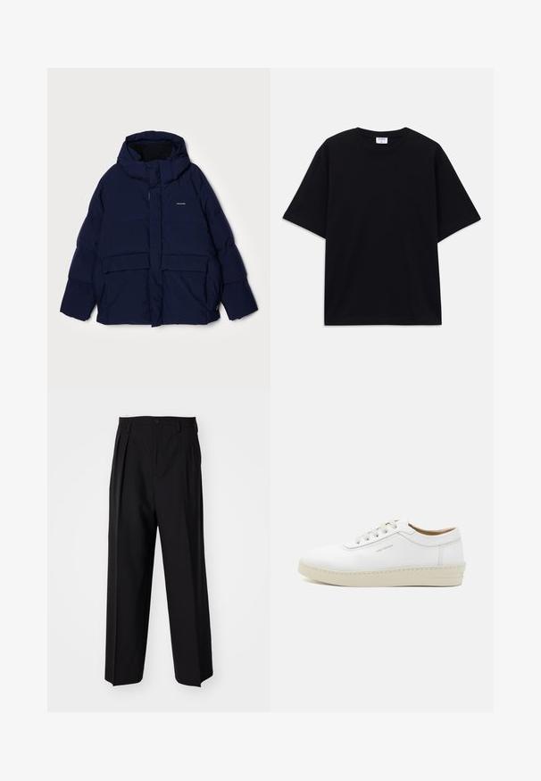 Jūras spēku stila pufers jakas ar kapuci, ar priekšējo rāvējslēdzēju, lielām kabatām un gludu tekstūru. Iekļauj zīmola logo uz krūtīm.; Melns īsām piedurknēm oversize T-krekls ar apaļu kakla izgriezumu un redzamu Filippa K zīmola birku iekškaklā.; Melnas plisētās bikses ar taisnu, plata kāja dizainu. Izgatavotas no gludas auduma, ar pogu aizdari un jostas cilpiņām.; Baltas ādas sporta apavu pāris ar teksturētu virsmu, apaļu purngalu, bēša gumijas zoli un sešām pelēkām šņorēšanas acīm, ar diskrētām zīmola atzīmēm sānos.