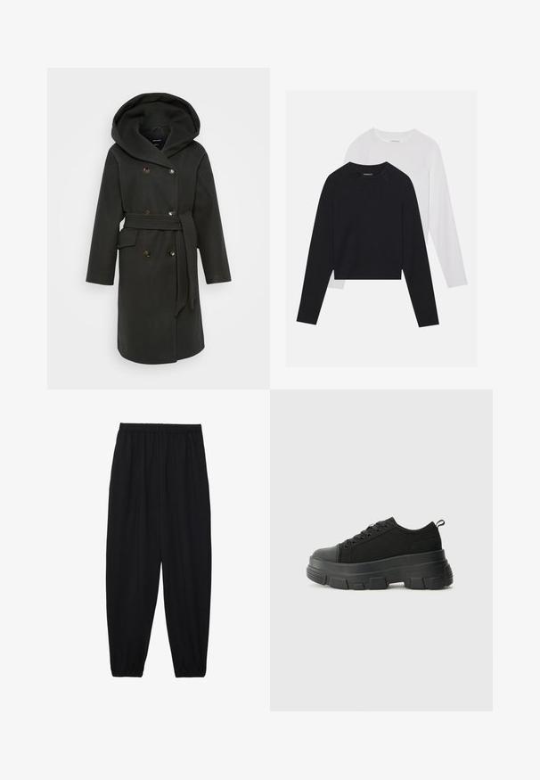 Tumma vihreä takki, jossa on suuri huppu, kaksinkertainen nappisuljenta, sivutaskut ja samaan sävyyn oleva vyö. Pehmeä kangas, jossa on sileä pinta.; Kaksi pitkähihasta paitaa: yksi musta ja yksi valkoinen. Molemmissa on pyöreä kaula-aukko, raglan-hihat ja pehmeä puuvillasekoitekangas.; Mustat, kevyet housut, joissa on joustava vyötärö ja kerätyt nilkat. Kangas on sileä ja siinä on rento, kapeneva muotoilu.; Mustat urheilukengät, joissa on paksu kumipohja, teksturoitu kangasvarsi, pyöreä kärki ja nauhalukitus. Varusteena vahvistetut nauhareiät ja takana vetotanko.