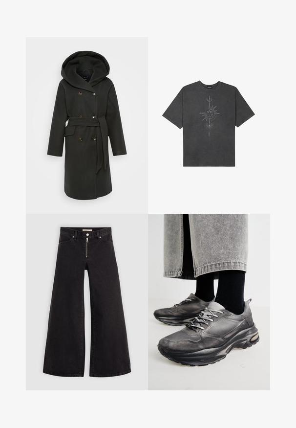 Mørkegrønn frakk med stor hette, dobbelspent knappelukking, sidelommer og matchende belte. Myk stoff med en jevn tekstur.; Mørkegrå oversized t-skjorte laget av bomull, med et sentralt solmotiv med intrikate linjedetaljer trykket på forsiden.; Vide benbukser i sort denim med glidelås i front, fem-lomme design og subtile sømdetaljer. Glatt tekstur og avslappet stil.; Sorte og grå treningssko har en mesh-overdel, tykke såler og snøring. De har en rund tå og synlige dempe detaljer.
