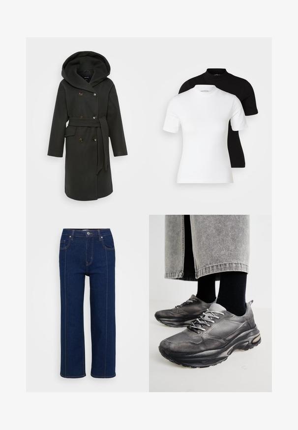 Mørkegrønn frakk med stor hette, dobbelspent knappelukking, sidelommer og matchende belte. Myk stoff med en jevn tekstur.; Even&Odd Petite 2 PACK - T-shirts - white/black; Mørkeblå rette jeans med knappelukking, front- og baklommer, og synlig oransjefargede sømmer langs sømmene.; Sorte og grå treningssko har en mesh-overdel, tykke såler og snøring. De har en rund tå og synlige dempe detaljer.