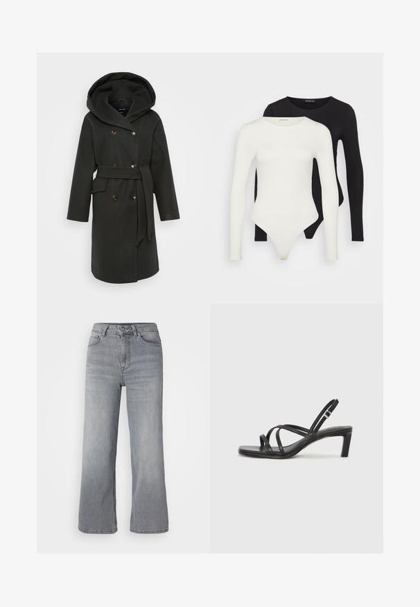 Mørkegrønn frakk med stor hette, dobbelspent knappelukking, sidelommer og matchende belte. Myk stoff med en jevn tekstur.; To langermagede bodysuit i hvit og svart. Laget av glatt stoff, med rund hals og en thong-bunn for en strømlinjeformet passform.; Lys grå denim bred-bente jeans med høy livhøyde, fem lommer og klassisk glidelås- og knappestenging. Myk tekstur med lett slitasje.; Sorte sandaler med stropper, firkantet tå og lav blokk hæl. Har flere tynne stropper og en justerbar ankelstropp. Laget av glatt lær.