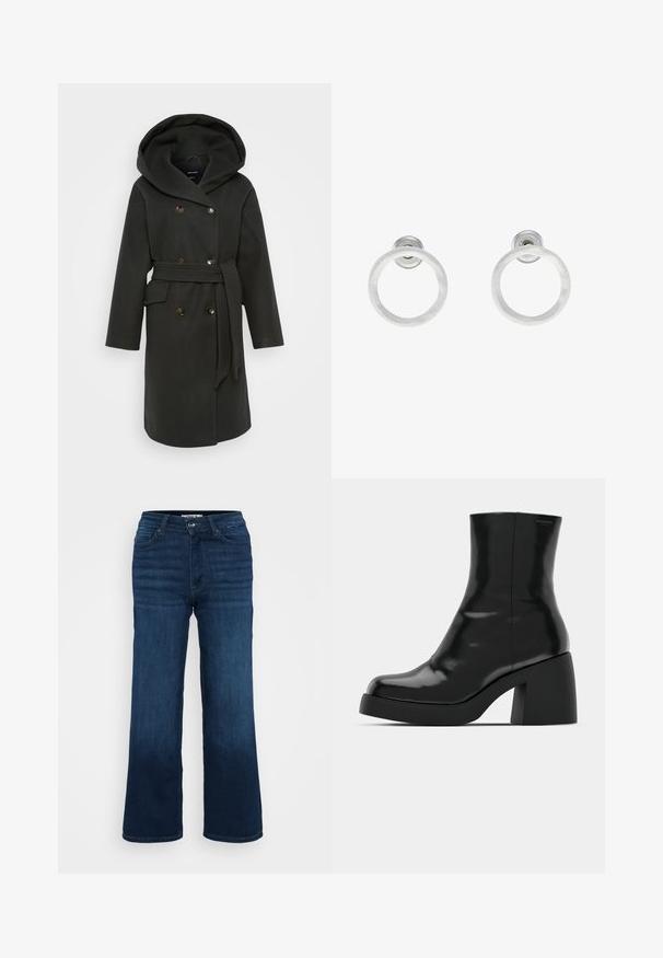 Tamsiai žalia palaidinė su didele skrybėle, dvigubos sagos uždarymas, šoninės kišenės ir derantis diržas. Minkšta medžiaga su lygiu paviršiumi.; Even&Odd Petite 2 PACK - Viršus - light grey/black; ONLY Petite ONLMADISON BLUSH WIDE - Platėjantys džinsai - dark blue denim; Juodi kulkšniniai batai su blizgiu paviršiumi, kvadratiniu pirštu ir storu blokiniu kulnu. Dizainas pasižymi be siūlių siluetu ir minimalia ženklinimo. ; Sidabriniai metaliniai auskarai žiedų pavidalu su šveitimo tekstūra, turintys apvalų dizainą ir skaidrų laikiklį saugiam dėvėjimui.