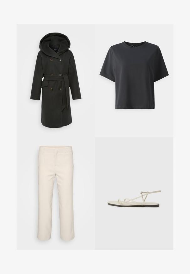 Temnozelen plašč z velikim kapuco, dvojno zapiranje s gumbi, stranskima žepoma in usklajeno pasom. Mehka tkanina z gladko teksturo.; Črna bombažna majica, kratki rokavi, krojeni ovratnik, sproščenega kroja, gladka tekstura, preprost dizajn, brez vzorcev ali dodatkov.; Bež hlače s krojem na ravno nogo, z ravnim sprednjim delom in dvema stranskima žepoma. Narejene iz gladkega materiala z čisto obdelavo.; Beige ravne sandale z več tankimi trakovi in nastavljivim zaponcem. Podplat je raven z rahlo temnim kontrastom na robu.