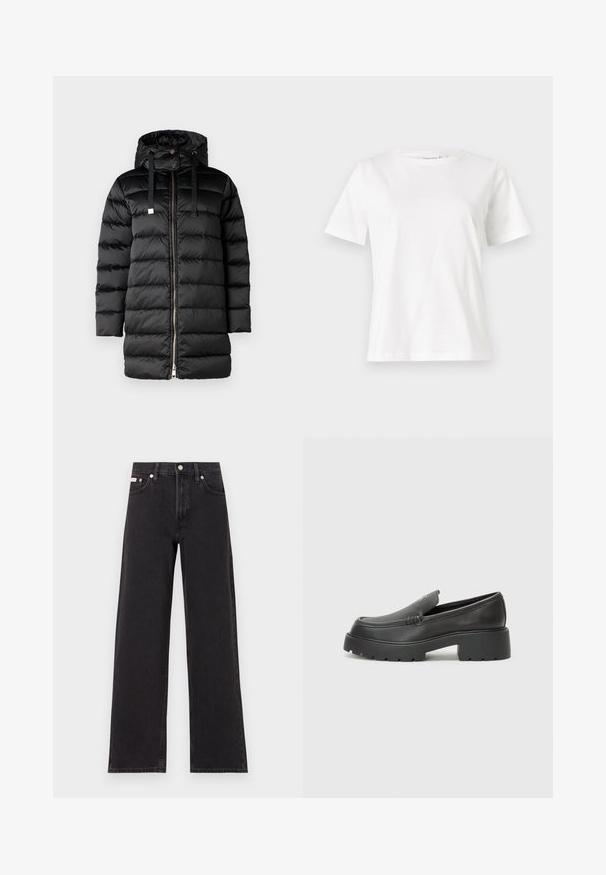 Chaqueta de plumas negra con capucha, con cierre de cremallera y cordones ajustables. Diseño acolchado con una textura suave y brillante.; Camiseta de algodón blanca de manga corta, con cuello redondo y un corte relajado. Textura suave, sin patrones ni acentos, diseño minimalista.; Jeans anchos de mezclilla negros, con cintura alta, cinco bolsillos y cierre de botón metálico con costuras contrastantes.; Mocasines de piel negra con punta redondeada, suela texturizada gruesa y mínimos detalles de costura. Diseño elegante sin cordones o herrajes visibles.