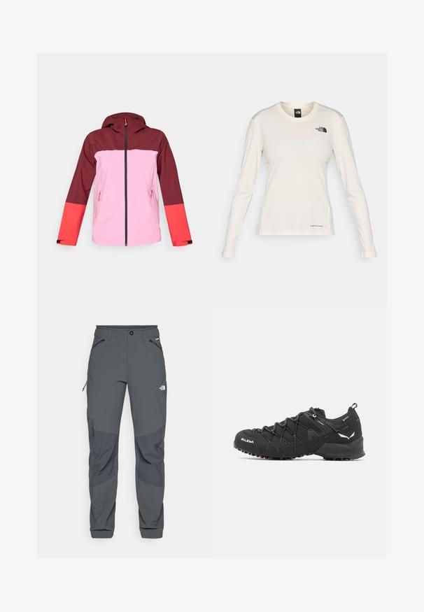 Rdeča in rožnata vodoodporna jakna s kapuco, z zadrgo spredaj, dvema stranskima žepoma, dizajnom v blokih barv in kontrastnim akcentom na rokavih.; The North Face SHADOW LONG SLEEVE - Majica z dolgimi rokavi - white dune; Temno sivi zunanji hlače z ojačanimi koleni, zadrgo na stranskih in sprednjih žepih, gumbom za zapiranje ter logotipom The North Face na stegnu.; Črne pohodniške čevlje z teksturiranim zgornjim delom iz blaga, sistemom vezalk in trdnim gumijastim podplatom. Opremljeni so z odsevnimi detajli in logotipi.