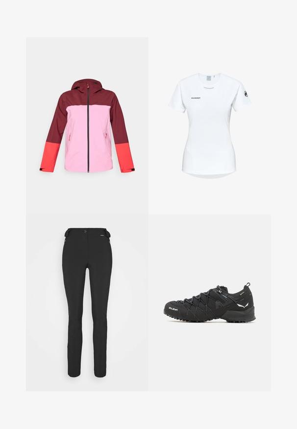 Rote und pinke wasserdichte Jacke mit Kapuze, die einen Reißverschluss vorne, zwei seitliche Taschen, ein Farbblockdesign und kontrastierende Ärmelakzente aufweist.; Kurzärmliges weißes Sportshirt mit Rundhalsausschnitt, das ein Logo auf der Brust und eine glatte, leichte Stofftextur aufweist.; Schwarze, enganliegende Hosen aus einem flexiblen Material. Zu den Merkmalen gehören eine seitliche Reißverschlusstasche, vorgeformte Knie und eine glatte Textur.; Schwarze Wanderschuhe mit einem strukturierten Obermaterial aus Stoff, Schnürsystem und robuster Gummisohle. Akzentuiert mit reflektierenden Details und Logos.