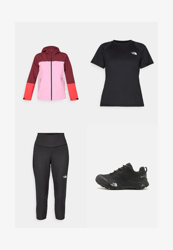 Giacca impermeabile rossa e rosa con cappuccio, dotata di chiusura con zip frontale, due tasche laterali, design a blocchi di colore e accento contrastante sulle maniche.; T-shirt atletico nero a maniche corte con collo rotondo e il logo The North Face sul lato sinistro del petto.; Leggings capri neri realizzati in tessuto elastico, dotati di un alto punto vita e un piccolo logo bianco sul lato sinistro. Texture liscia.; Scarpa da trekking nera con una tomaia texturizzata, chiusura con lacci e una suola di gomma spessa che presenta un logo prominente sul lato e disegni del battistrada.
