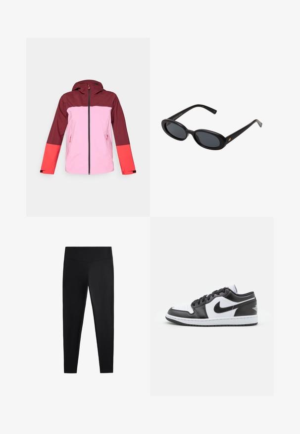Rote und pinke wasserdichte Jacke mit Kapuze, die einen Reißverschluss vorne, zwei seitliche Taschen, ein Farbblockdesign und kontrastierende Ärmelakzente aufweist.; Weißes geripptes Tanktop mit einem schwarzen gestickten Logo, das zentral auf der Brust platziert ist. Der Halsausschnitt und die Armausschnitte sind mit einer dezenten Einfassung versehen.; Schwarze Leggings aus glattem, dehnbarem Stoff. Mit einem breiten Bund und tailliertem Bein Design, geeignet für aktive oder lässige Kleidung.; Schwarz-weiße Nike Low-Top-Sneaker verfügen über ein glattes Leder-Obermaterial, eine runde Zehenpartie, eine Schnürung und eine gemusterte Gummisohle.; Schwarze, oversized Sonnenbrillen mit ovalen Gläsern, glattem Kunststoffrahmen und goldenen Akzenten an den Bügeln. Die dunklen Gläser bieten Sonnenschutz.