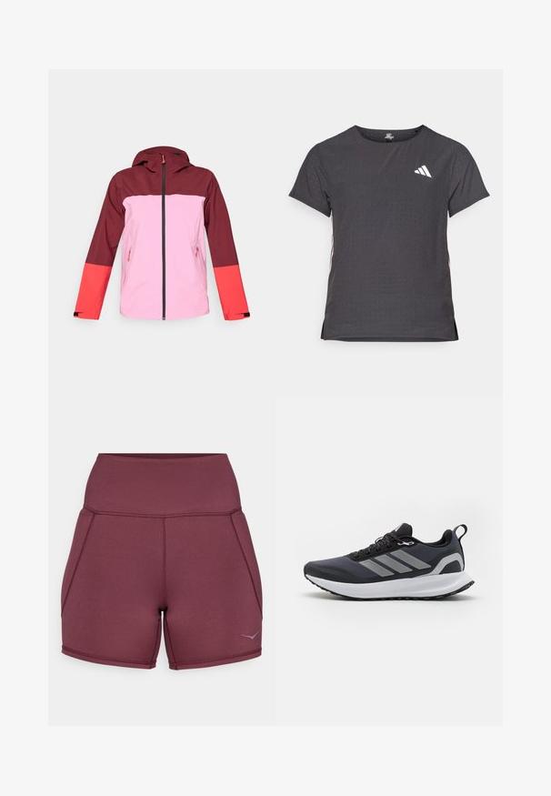 Veste imperméable rouge et rose avec capuche, dotée d'une fermeture éclair à l'avant, de deux poches latérales, d'un design coloré et d'un accent contrastant sur les manches.; T-shirt de sport à manches courtes, gris foncé avec une texture perforée. Présente un logo blanc et des rayures latérales contrastantes. Encolure arrondie.; Shorts de sport bourgogne en tissu extensible, dotés d'une taille haute, de panneaux latéraux et d'un petit logo sur le bas.; Chaussure de sport noire avec tige en mesh, semelle intermédiaire blanche, semelle extérieure en caoutchouc texturé et trois bandes grises sur le côté. Dispose de lacets et d'une languette.