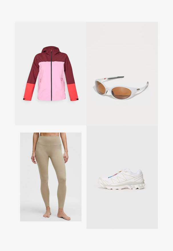 Czerwona i różowa wodoodporna kurtka z kapturem, z zamkiem z przodu, dwoma bocznymi kieszeniami, w designie w blokach kolorystycznych oraz kontrastowym akcentem na rękawach.; Biały bezrękawnik crop top wykonany z gładkiego, elastycznego materiału. Posiada okrągły dekolt i subtelne detale przeszycia wzdłuż krawędzi.; Beżowe leginsy w wysokim stanem, wykonane z elastycznego materiału, o gładkiej teksturze i bez widocznych wzorów czy elementów metalowych.; Białe buty sportowe z teksturowaną siateczką, odblaskowymi akcentami i wyprofilowaną podeszwą. Zauważalne logo marki z boku.; Białe okulary przeciwsłoneczne z brązowymi soczewkami, owalny kształt, wykonane z gładkiego plastiku, z szarymi akcentami na zausznikach i logo na oprawce.