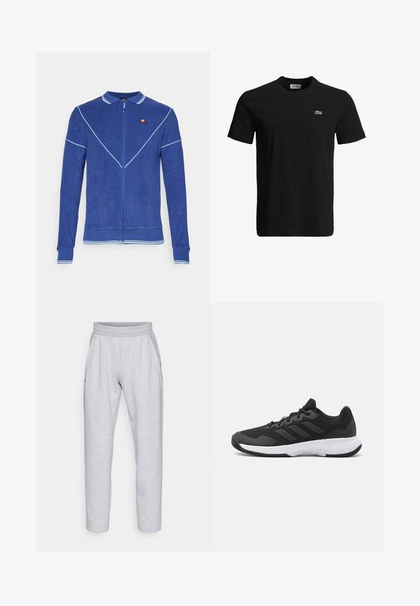 Zils zip-up džemperis ar teksturētu apdari, ar polo apkakli, baltu apdari un mazu logotipa detaļu kreisajā krūtī.; Melna kokvilnas T-krekls ar apaļu kakla izgriezumu, īsām piedurknēm un mazu zaļu krokodila logotipu kreisajā krūtī. Gluda tekstūra, ikdienišķs dizains.; Gaiši pelēki sporta bikses, kas izgatavotas no mīkstas auduma, ar elastīgu jostu, divām sānu kabatām un sašaurinātām kājām ar apgrieztu apakšmalu.; Melna sporta apavi ar teksturētu virsu, trim horizontālām svītrām un baltu zoli ar rakstainu protektoru. Viegls un plūstošs dizains.