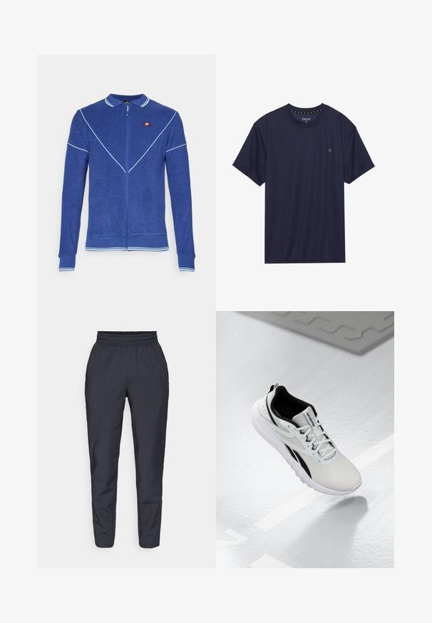 Blå hættejakke med tekstureret finish, der har en polo-krave, hvid piping og et lille logo detaljeret på venstre bryst.; Marineblå T-shirt med kortærmer lavet af blødt stof, med en rund halsudskæring og et lille logo på venstre bryst.; Mørkeblå tapered bukser lavet af blødt stof, med elastisk talje, sidelommer og en glat overflade med diskrete syning detaljer.; Lys grå træningssko med sorte accenter, tekstureret mesh-overdel, polstret sål og snørelukning. Har en hæltrækklap.