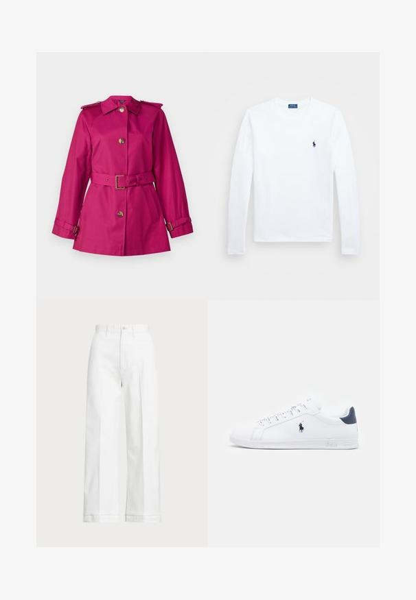 Lauren Ralph Lauren LINED - Trenčkot - fuchsia berry; Bílá dlouhá košile s dlouhým rukávem, bavlněný materiál, kulatý výstřih, s malým námořnickým logem na levém prsu. Jednoduchý design, standardní střih.; Bílé kalhoty s širokými nohavicemi a vysokým pasem, s knoflíkovým zapínáním a jemnými detaily prošívání. Vyrobené z bavlny s hladkou texturou.; Bílé kožené tenisky s hladkým povrchem, námořnickými akcenty a malým logem na boku. Mají ploché tkaničky a texturovanou gumovou podrážku.