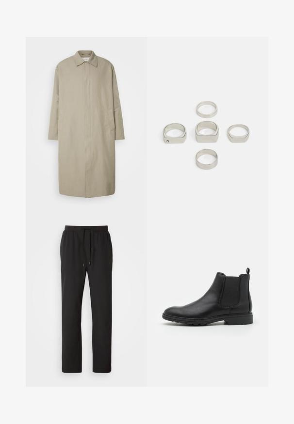 Abrigo largo beige hecho de un tejido ligero con corte recto, cuello puntiagudo y bolsillos laterales; diseño minimalista sin cierres visibles.; Camisa polo negra de algodón, con un ligero estiramiento, con un color blanco en el cuello y los ribetes de las mangas, y un pequeño logo en el pecho.; Pantalones de chándal negros hechos de tela ligera, con una cintura elástica y cordones ajustables, además de bolsillos laterales. Textura suave.; Botín Chelsea de cuero negro con paneles laterales elásticos y una tira de sujeción, con punta redondeada y suela de goma texturizada.; Conjunto de seis anillos metálicos plateados en diversas formas, incluyendo redondos y cuadrados, con texturas suaves y un diseño minimalista.