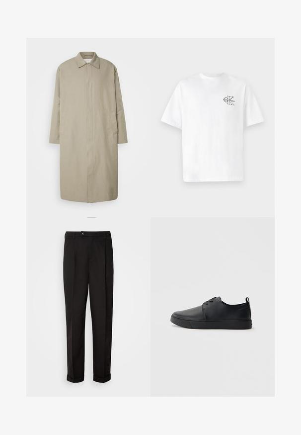 Šviesiai rudas ilgas paltas, pagamintas iš lengvos medžiagos, tiesaus kirpimo, su taškuotu apykakle ir šoninėmis kišenėmis; minimalistinis dizainas be matomų užsegimų.; Balta medvilninė marškinėliai su trumpomis rankovėmis, apvalia kaklo iškirpte, kairėje krūtinės pusėje esantis juodas CK logotipas, standartinio kirpimo, lygus paviršius.; Juodos kelnės su lygiu paviršiumi, tiesaus kirpimo, su dviem priekinių kišenių ir vieno mygtuko uždarymu juosmenyje.; Juodos odinės sportinės bateliai su lygiu paviršium, suapvalinta nosimi, toniniais siūlais, raištelių užsegimu priekyje ir plokščiu guminiu padu. Kilpelė ant kulno.