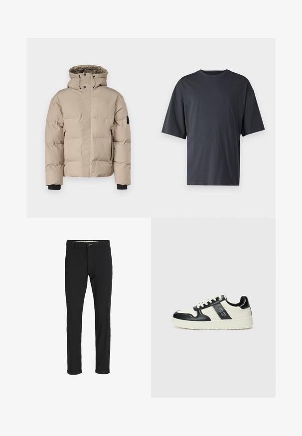 Beige isoleret jakke med hætte, der har en frontlukning med lynlås, sidelommer med lynlås og elastiske manchetter for varme og komfort.; Mørkegrå kortærmet t-shirt lavet af letvægtsbomuld, med en løs pasform og klassisk rund halsudskæring, uden mønstre og med ensartet tekstur.; Sorte bomuldsblandede bukser med slim fit, der har en knaplukning, lommer og opbrugte stumper for et afslappet udtryk.; Lædersneakers i sort og creme farveskema, med perforerede detaljer, en polstret krave og en struktureret ydersål.