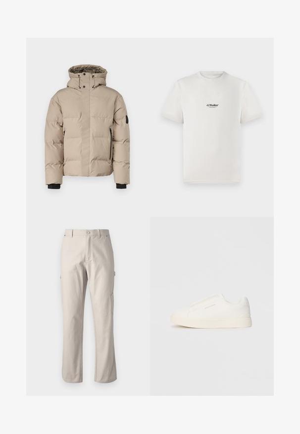 Bež jakna s izolacijom i kapuljačom, koja ima prednji zip zatvarač, bočne zip džepove i elastične manžete za toplinu i udobnost.; Bijela pamučna majica s kratkim rukavima, na kojoj se nalazi crni logo "JJ Studios" na prsima. Ima okrugli izrez i standardni kroj.; Bež cargo hlače od čvrstog pamuka s ravnim nogavicama, prednjim zatvaranjem na gumb i bočnim džepovima za praktičnost. Glatka tekstura s suptilnim šavovima.; Bijele slip-on tenisice s teksturiranom površinom, debelim đonom i minimalističkim dizajnom. Sadrže logo branda sa strane.