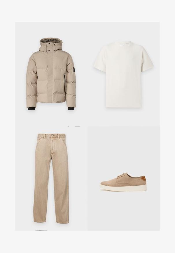 Beige isolierte Jacke mit Kapuze, ausgestattet mit einem Front-Reißverschluss, seitlichen Reißverschlusstaschen und elastischen Bündchen für Wärme und Komfort.; Weißes T-Shirt mit kurzen Ärmeln in gerippter Textur. Runder Ausschnitt, lockere Passform, keine sichtbaren Muster oder Akzente. Einfaches und vielseitiges Design.; Beige Denim-Jeans mit geradem Beinschnitt, ausgestattet mit Vordertaschen, einem Metallknopfverschluss und feiner Textur.; Beige Wildleder-Sneaker mit runder Zehenpartie, Schnürung und strukturiertem Rückenteil. Die weiße Gummisohle sorgt für einen Kontrast. Einfaches und modernes Design.