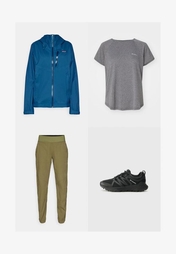 Patagonia GRANITE CREST - Casaco impermeável - lagom blue; Camisa cinza de manga curta com um padrão texturizado subtil, decote redondo e logótipo da Columbia no peito. Tecido suave, ajuste descontraído.; Calças em verde oliva com corte ajustado, cintura elástica, tecido leve e dois bolsos laterais. Apresenta costuras discretas e bainhas com punho.; Columbia PEAKFREAK - Sapatos de caminhada - black