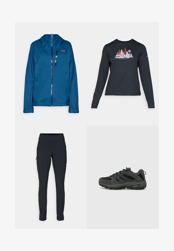 Patagonia GRANITE CREST - Hardshell jakna - lagom blue; Majica z dolgimi rokavi temno siva z grafiko rdečih dreves in gora; logotip "COLUMBIA" v krepki beli barvi. Mehka tkanina, standarden krojen ovratnik.; Črne športne hlače s slim fit krojem, elastičnim pasom in stransko žepom z zadrgo. Gladek, raztegljiv material z minimalnimi šivi.; Columbia REDMOND - Pohodniški čevlji - black/citron haze