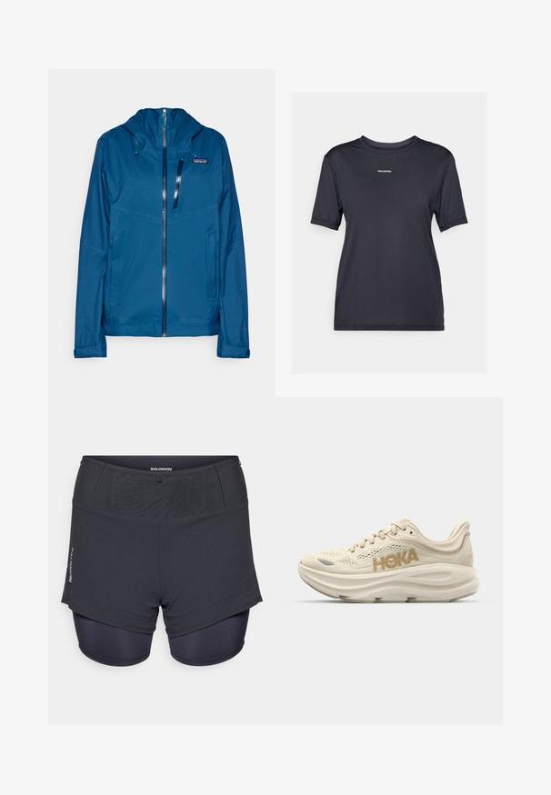 Patagonia GRANITE CREST RAIN - Hardshell bunda - lagom blue; Čierne športové tričko s krátkym rukávom vyrobené z ľahkej tkaniny, s okrúhlym výstrihom a malým logom značky na prednej strane.; Tmavošedé športové šortky s vnútorným elastickým podšívkou, s textúrovaným povrchom a logom "Salomon" na boku.; Svetlo béžové bežecké tenisky s vrchnou časťou z mäkkej siete, polstrovaným golierom, výrazným logom "HOKA" v zlatej farbe a hrubou, tlmiacou podrážkou pre pohodlie.