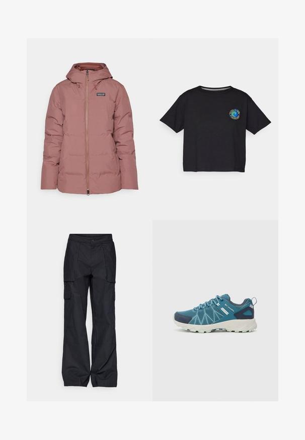 Patagonia JACKSON GLACIER - Down jacket - dulse mauve; Black cotton short-sleeve T-shirt featuring a circular multicolored logo on the chest. Straight hem and relaxed fit.; Columbia BREA FALLS™ COTTON RIPSTOP PANT - Outdoor trousers - black; Columbia PEAKFREAK™ II OUTDRY™ - Hiking shoes - blue heron/skylight