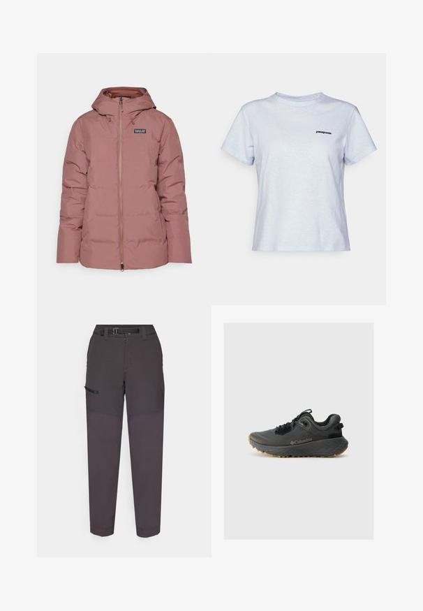 Patagonia JACKSON GLACIER - Down jacket - dulse mauve; Light blue cotton t-shirt with short sleeves, crew neckline, and a small black logo reading "patagonia" on the left chest.; Dark gray cargo pants made of lightweight fabric, featuring a durable waistband, front zipper, and side pocket with a Velcro flap.; Columbia TERRASTRIDE CRZ - Hiking shoes - shark/black