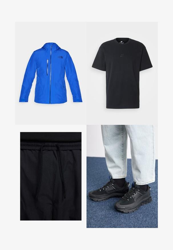 The North Face DESCENDIT JACKET - Snowboardjacka - blue; Svart t-shirt i bomull från Nike med klassisk rund halsringning, korta ärmar och en diskret, präglad logotyp på bröstet. Slät textur.; Svarta shorts med dragsko i midjan, lättviktig tyg med en slät yta och en enkel design utan synliga logotyper eller mönster.; Svarta sportskor med texturerat tyg och gummisulor, med elastiska snörningar och en blå detalj på hälen. Bärs med ljusa jeans.