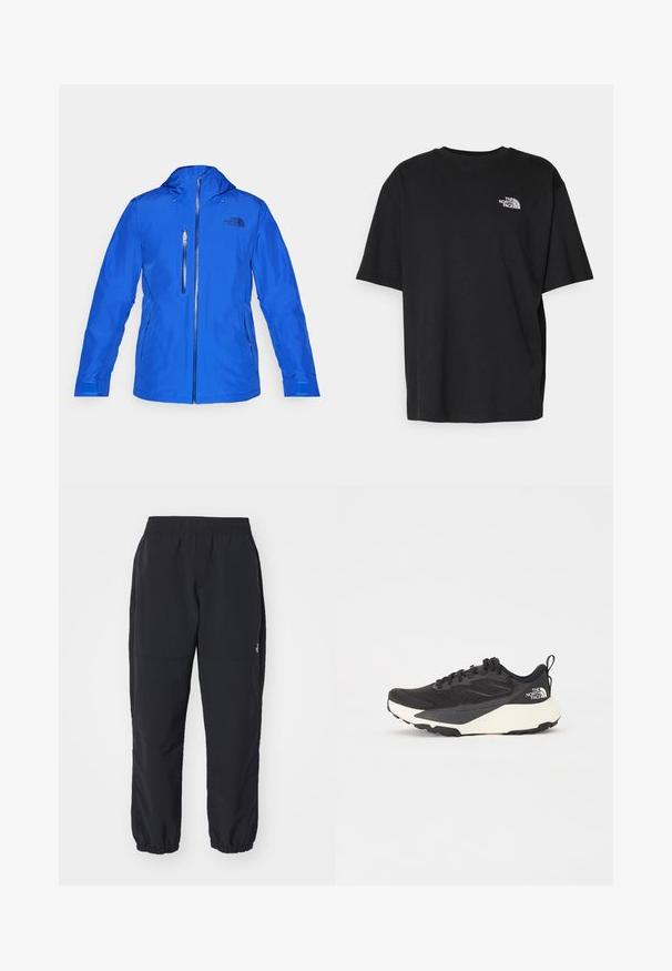 The North Face DESCENDIT JACKET - Snowboard jacket - blue; Black cotton T-shirt with a round neckline and short sleeves. Features white logo on the left chest. Simple, relaxed fit.; Black, lightweight trousers with an elastic waistband, gathered cuffs, and a smooth texture. Features a subtle side pocket on the right leg.; Black athletic shoe with textured mesh upper, solid black accents, and white lightweight outsole. Features lace-up closure and pull tab.