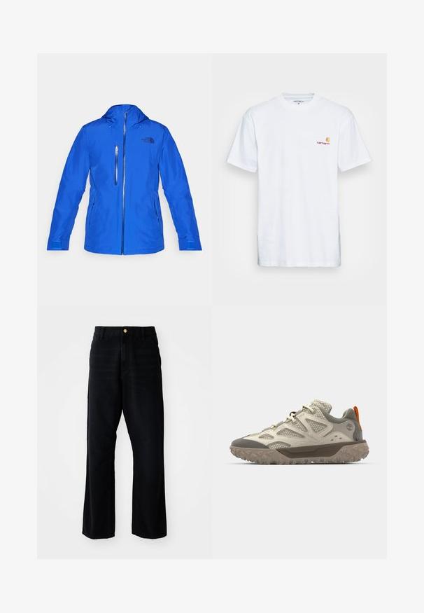 The North Face DESCENDIT JACKET - Bunda za deskanje na snegu - blue; Bela bombažna majica s kratkimi rokavi. Zasnovana z majhnim oranžnim in maroon logotipom na levem prsnem delu. Ima klasičen okrogle izrez.; Črne kavbojke z sproščenim krojem, z zlatim gumbom, petimi žepi in ravnim rezom. Gladka tekstura.; Svetlo obarvani superge z zgornjim delom iz mrežaste in semiš usnja, s sivo gumijasto kapico za prste, teksturiranim podplatom in oranžnim detajlom na peti.