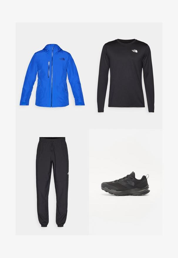 The North Face DESCENDIT JACKET - Geacă snowboard - blue; Tricou de performanță negru cu mânecă lungă, realizat dintr-un material ușor, având un logo alb pe partea superioară stângă a pieptului. Textură netedă.; Pantaloni atletici negri, confecționați dintr-un material ușor, cu un tiv elastic la talie, buzunare laterale și tivuri ajustate la gleznă.; Pantof sport negru cu superior din plasă, talpă din cauciuc și guler căptușit. Include șireturi, logo pe lateral și un design texturat.