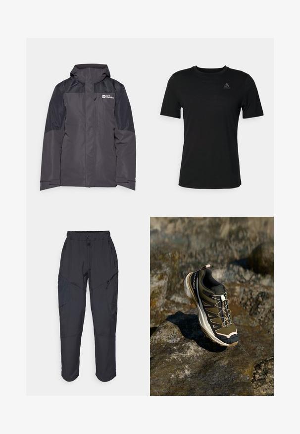 Jack Wolfskin ROMBERG 3IN1 - Outdoor jacket - phantom; Black t-shirt made from lightweight fabric, featuring a round neckline, short sleeves, and a small brand logo on the upper left.; Black cargo pants made from a lightweight, water-resistant material; features elastic waistband, multiple zippered pockets, and tapered legs.; Hiking shoe in olive green and black with pink accents. Features a textured upper, flexible sole, reinforced toe cap, and colorful lacing system.