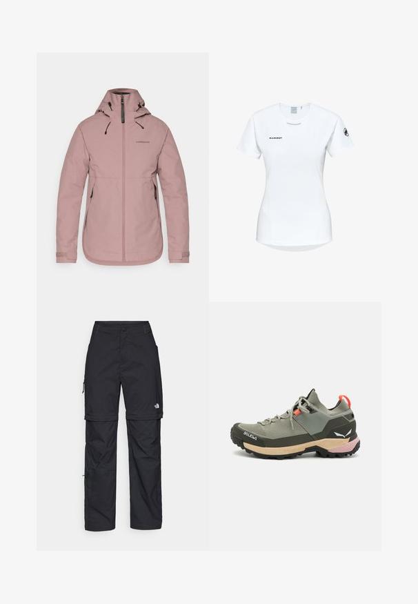 Roze waterdichte jas met een ritssluiting aan de voorkant, verstelbare capuchon en elastische manchetten. Bevat een logo op de borst en twee zijzakken. Glad textuur.; Korte mouwen witte sportshirt met een ronde halslijn, voorzien van een logo op de borst en een gladde, lichte stoftextuur.; Zwarte nylon cargo broek met afneembare pijpen, verstelbare manchetten, meerdere zakken en een logo op het rechterbeen. Gladde, lichte textuur.; Lichte groene wandelschoen van mesh en rubber, zwarte traction outsole, met roze en oranje accenten en een verstevigde neus.