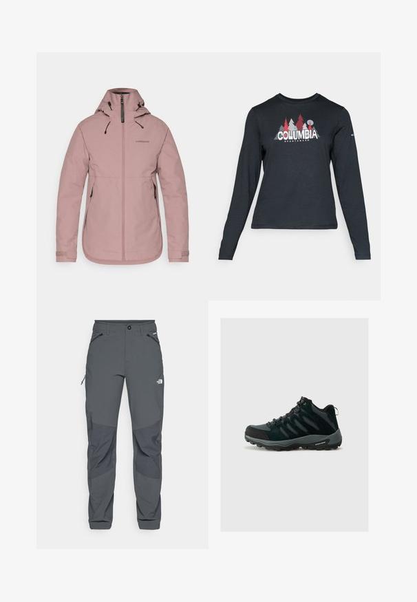 Rózsaszín vízálló dzseki, elől cipzáros, állítható kapucnival és rugalmas mandzsettákkal. Mellkason logó látható, és két oldalzsebe van. Sima textúrájú.; Hosszú ujjú, sötétszürke ing piros fákkal és hegyekkel díszítve; a "COLUMBIA" logó vastag fehér betűkkel. Puha anyag, klasszikus kerek nyakkivágás.; Sötétszürke kültéri nadrág megerősített térdrésszel, cipzáras oldalsó és elülső zsebekkel, gombos záródással és A North Face logóval a combján.; Columbia REDMOND - Túracipők - black/citron haze