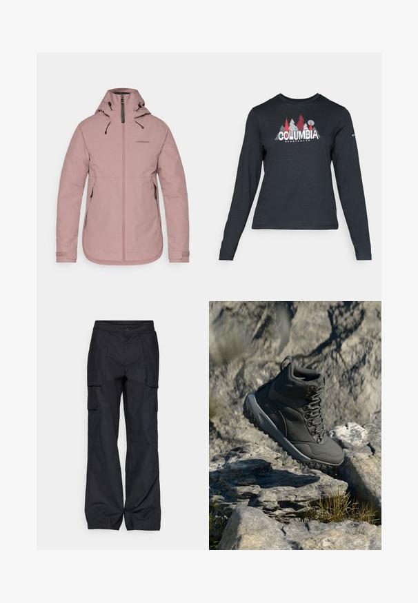 Lyserød vandtæt jakke med lynlås foran, justerbar hætte og elastiske manchetter. Har logo på brystet og to sidelommer. Glat tekstur.; Langærmet mørkegrå skjorte med grafik af røde træer og bjerge; "COLUMBIA" logo i fed hvid tekst. Blødt stof, standard rund hals.; Columbia BREA FALLS™ COTTON RIPSTOP PANT - Outdoorbukser - black; Mørkegrå vandrestøvle lavet af syntetisk materiale, med en polstret krave, metaløjer og en struktureret gummisål for greb.