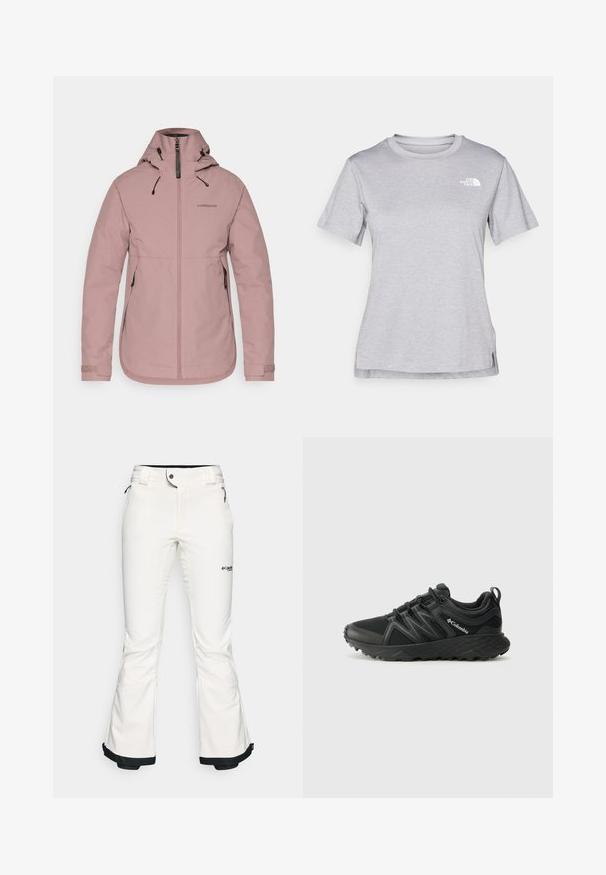 Pink waterproof jacket with a zip front, adjustable hood, and elastic cuffs. Features logo on chest and two side pockets. Smooth texture.; Grey short-sleeve t-shirt made of soft, moisture-wicking fabric. Features a crew neck and a small white logo on the upper left.; White ski pants made from soft, flexible material. Features a fitted waist, wide flared legs, and black trim at the cuffs. Brand logo visible.; Columbia PEAKFREAK - Hiking shoes - black