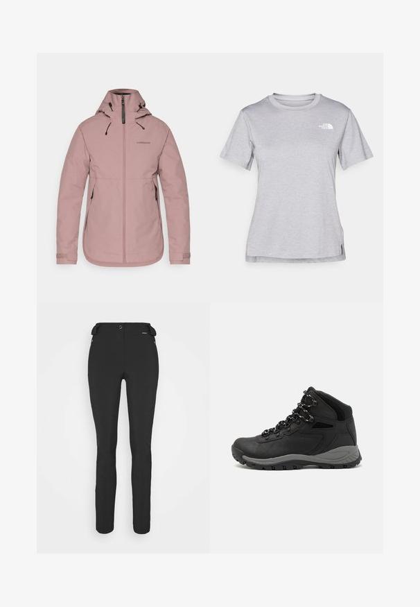 Casaco impermeável rosa com fecho éclair na frente, capuz ajustável e punhos elásticos. Apresenta logotipo no peito e dois bolsos laterais. Textura suave.; T-shirt cinza de mangas curtas feito de um tecido suave e que absorve a humidade. Apresenta um decote redondo e um pequeno logotipo branco na parte superior esquerda.; Calças pretas, ajustadas, feitas de um material flexível. As características incluem um bolso lateral com fecho éclair, joelhos articulados e uma textura suave.; Bota de caminhada preta com design de cano médio, apresentando um upper texturizado, detalhes cinzentos e sola de borracha durável com cravos de tração.