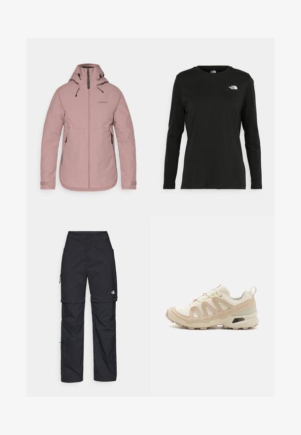 Roza vodoodporna jakna z zadrgo na sprednji strani, nastavljivo kapuco in elastičnimi manšetami. Ima logo na prsih in dva stranska žepa. Gladka tekstura.; Črna majica z dolgimi rokavi iz bombaža z okroglo izrezom. Ima majhen bel logotip na levem prsnem delu. Enostaven dizajn in prileganje.; Črne najlon hlače z zipom, ki se lahko odstranijo, s prilagodljivimi manšetami, več žepi in logotipom na desni nogi. Gladka, lahka tekstura.; Bež in krem športni čevlji z teksturiranim mrežastim zgornjim delom, podpornimi prekrivali in gumijastim podplatom z vzorcem za oprijem.