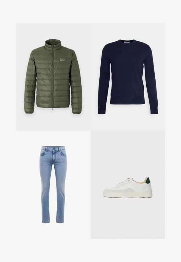 Oliven grønn pufferjakke med høy krage, quiltet design, frontglidelås og EA7-logo på venstre bryst. Glatt tekstur, lett materiale.; Marineblå genser med rund hals laget av myk stoff, med lange ermer og ribbestrikket linning. Ingen synlige mønstre eller detaljer.; Lyseblå denimjeans med slim fit, fem lommer og rett bendesign. Har glidelås og beltehemper. Myk tekstur.; Hvit sneakers med semsket detaljer, rund tå, flate snøringer og en kremfarget gummisåle. Har grønn merking på hælen.