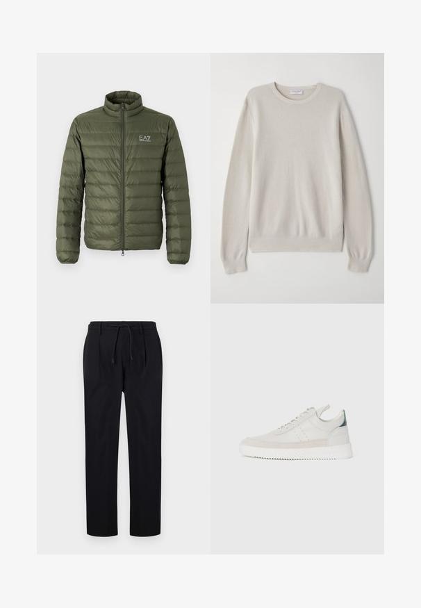 Olīvu zaļš pūkains apģērbs ar augstu apkakli, izšūtu dizainu, priekšējo rāvējslēdzēju un EA7 logo kreisajā krūtī. Gluda tekstūra, viegla materiāla.; Gaišbeigā džemperis, kas izgatavots no mīksta adījuma auduma. Ar apaļu kakla izgriezumu, garām piedurknēm, ribotām aprocēm un apakšmalu ar smalku tekstūras detaļu.; Melni bikses, kas izgatavotas no gludas auduma, ar auklu jostasvietā, taisnām kājām un priekšējiem bārkstiem, lai nodrošinātu strukturētu izskatu.; Baltas ādas sporta apavi ar pelēka zamšādas akcentiem, saistoša dizaina, ar vilkšanas cilpu un teksturētu gumijas zoli, kas raksturojas ar zigzag rakstu.