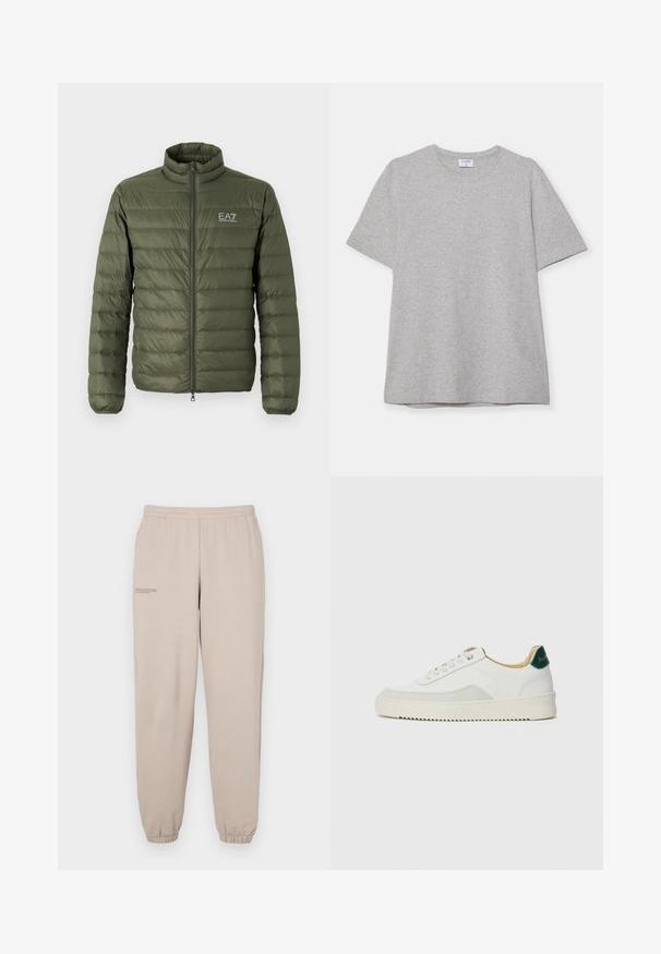 Alyvų žalios spalvos pūkinė striukė su aukštu color, užsegimu priekyje, ir EA7 logotipu kairėje krūtinės pusėje. Lygi tekstūra, lengvas medžiaga.; Pilkas trumpas rankovėmis marškinėliai, pagaminti iš minkštos, tekstūruotos medžiagos. Turi klasikinį apvalų kaklą ir tiesų apatinį kraštą, tinkamą kasdieniam dėvėjimui.; Šviesiai rudos sportinės kelnės, pagamintos iš minkštos medžiagos, su elastinga juosmens juosta ir rankovėmis, ant kairės kojos esančiu mažu spaudu.; Baltos sportbačiai su zomšos akcentais, apvaliu nosiu, plokščiais raišteliais ir kreminės spalvos guminiu padu. Ant kulno yra žalia ženklinimo detalė.