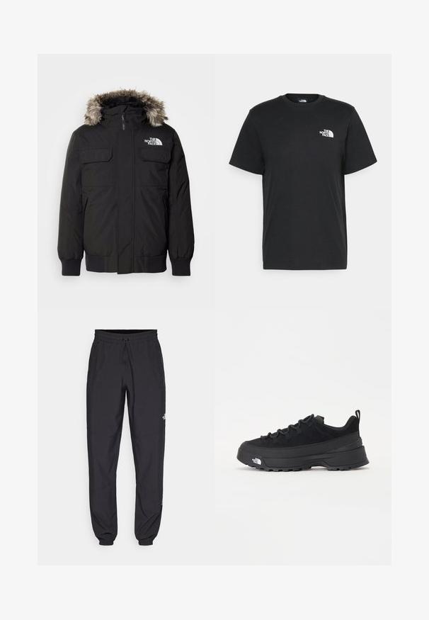 The North Face MCMURDO  - Down jacket - black; Black cotton t-shirt with short sleeves, crew neck, and a small white logo on the left chest. Simple design, smooth texture, and relaxed fit.; Black athletic pants made from lightweight fabric, featuring a drawstring waistband, side pockets, and tapered cuffs at the ankles.; Black outdoor sneaker with a suede upper, textured rubber sole, and sturdy lacing system. Features a reinforced heel and brand logo on the side.