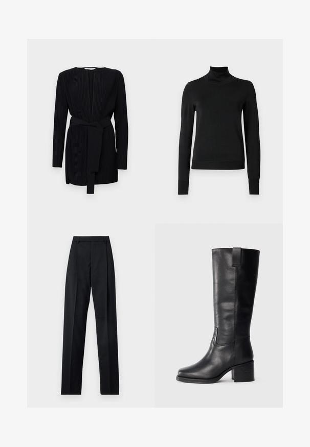 Mustan volditud kleit pikkade varrukatega, ümmarguse kaelusega ja sobiva kangast vöödiga taljes. Sile tekstuur ja korralik istuvus.; Mustmusterta mustaga pikkade varrukatega kõrge kaelusega sviiter, millel on ribakudumisega mansetid ja äär, esitatud lihtsal valgel taustal.; Mustad püksid siledast kangast, millel on kõrge vöökoht, laiad jalad, esimesed kortsud ja klassikalised vööloopid. Küljepockets pole nähtavad.; Musthave mustad nahktoodete bikiinibootid, millel on sile pind, ruudukujuline varvas, plokk-kand ja külgmine tõmbeaas, minimaalse õmblusega detailid.