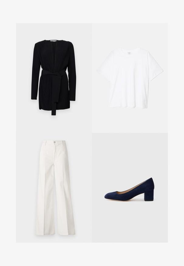 Čierne plisované šaty s dlhými rukávmi, okrúhlym výstrihom a opaskom z rovnakého materiálu v páse. Hladká textura a strih prispôsobený postave.; Biely bavlnený tričko s krátkymi rukávmi, okrúhlym výstrihom, voľným strihom a prešitým lemom. Štítok viditeľný na vnútornom krku.; Biele široké nohavice vyrobené z bavlny s hladkou textúrou. Obsahujú predný gombík, zips a dizajn so štyrmi vreckami.; Námořnické modré semišové lodičky s špičatou špičkou a středním blokovým podpatkem. Hladká textura s jemným leskem a malým výstřihem vpředu.