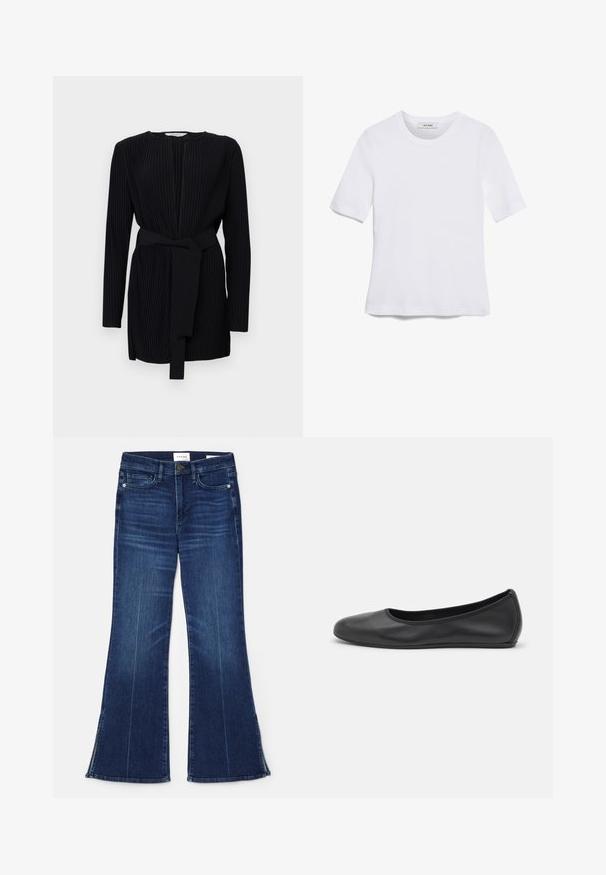 Čierne plisované šaty s dlhými rukávmi, okrúhlym výstrihom a opaskom z rovnakého materiálu v páse. Hladká textura a strih prispôsobený postave.; Biela krátka tričko s krátkymi rukávmi vyrobené z rebrovanej látky. Klasický okrúhly výstrih, bežný strih a jemné švy. Bez vzorov alebo grafiky.; Tmavomodré rozšírené džínsy vyrobené z denimu. Majú vysoký pás, predné vrecká a rozparky na spodnom okraji. Klasický dizajn s piatimi vreckami.; Čierne kožené baleríny s okrúhlou špičkou, hladkým povrchom, minimálnym prešívaním a flexibilným dizajnom podrážky.
