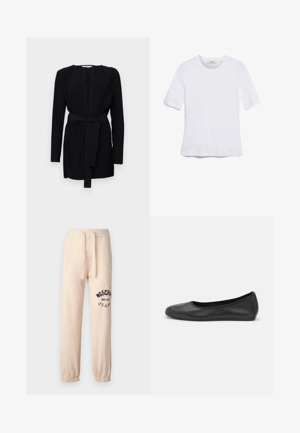Melna plīša kleita ar garām piedurknēm, apaļu izgriezumu un saskaņotu auduma jostu vidukļa daļā. Gluda tekstūra un pielāgota piegriezuma.; Balta īsām piedurknēm T-krekls, izgatavots no ribota auduma. Apaļš izgriezums, regulāra piegriezuma un diskrēti šuvumu detaļas. Bez printiem vai grafikām.; Bežās sporta bikses ar elastīgām piedurknēm un jostasvietu. Kreisajā augšstilbā ir melna drukāta logo "MOSCHINO 86 ❤ 23 JEANS". Mīksta tekstūra.; Melna ādas baleta kurpe ar noapaļotu purngalu, gludu tekstūru, minimālu šuvju detalizāciju un elastīgu zoles dizainu.