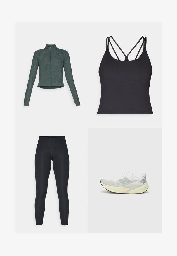 Mörkgrön, figurnära zip-up-jacka med hög krage, slät textur och subtil glans; har långa ärmar och rundad fåll.; Svart linne med tunna axelband och ett korslagt mönster på baksidan. Tillverkat av mjukt, elastiskt material med en figurnära silhuett.; Svarta leggings gjorda av stretchigt tyg, med ett hög midja, slät yta och en kroppsnära passform. Inga synliga mönster eller metalldelar.; Lättvikts löparskor med ett grått och vitt nätöverkast, en framträdande 'N' logotyp och en gul mellansula med vinklade detaljer. Svart yttersula.